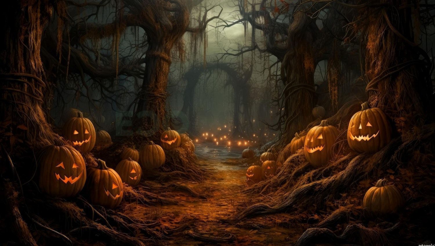 1500x850 Spooky Pumpkin Forest Kids Room Wallpaper