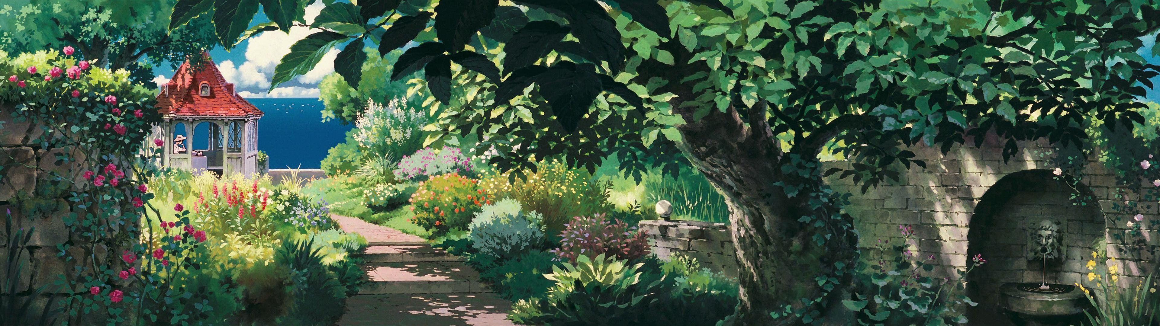 3840x1080 Studio Ghibli, Porco Rosso, Multiple display, Garden, Gazebo