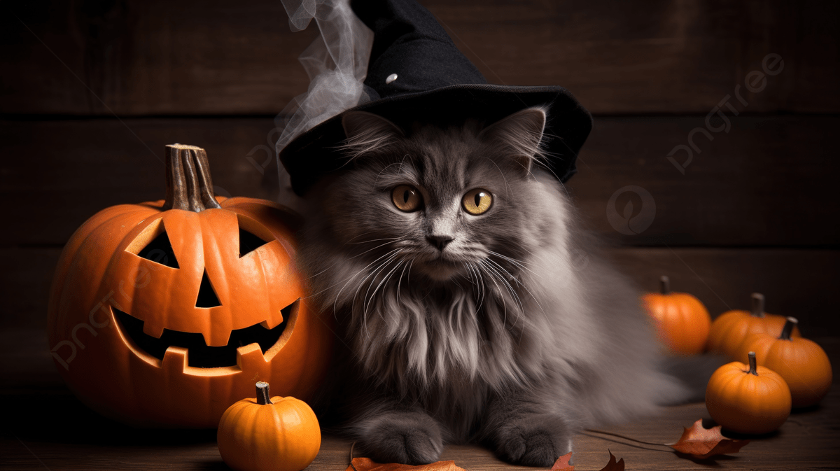 1200x673 Gray Cat With A Witch Hat Sitting Near