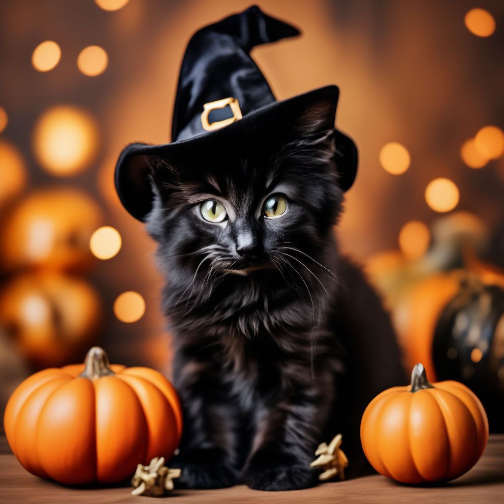 1024x1024 Halloween black kitten with witch hat