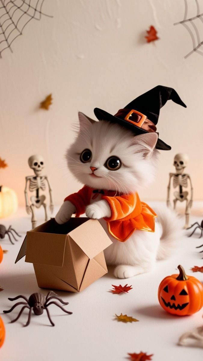 675x1200 white cat, pumpkin aesthetic, Halloween