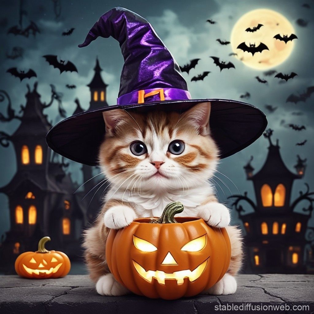 1024x1024 Cute Halloween Cat. Stable Diffusion