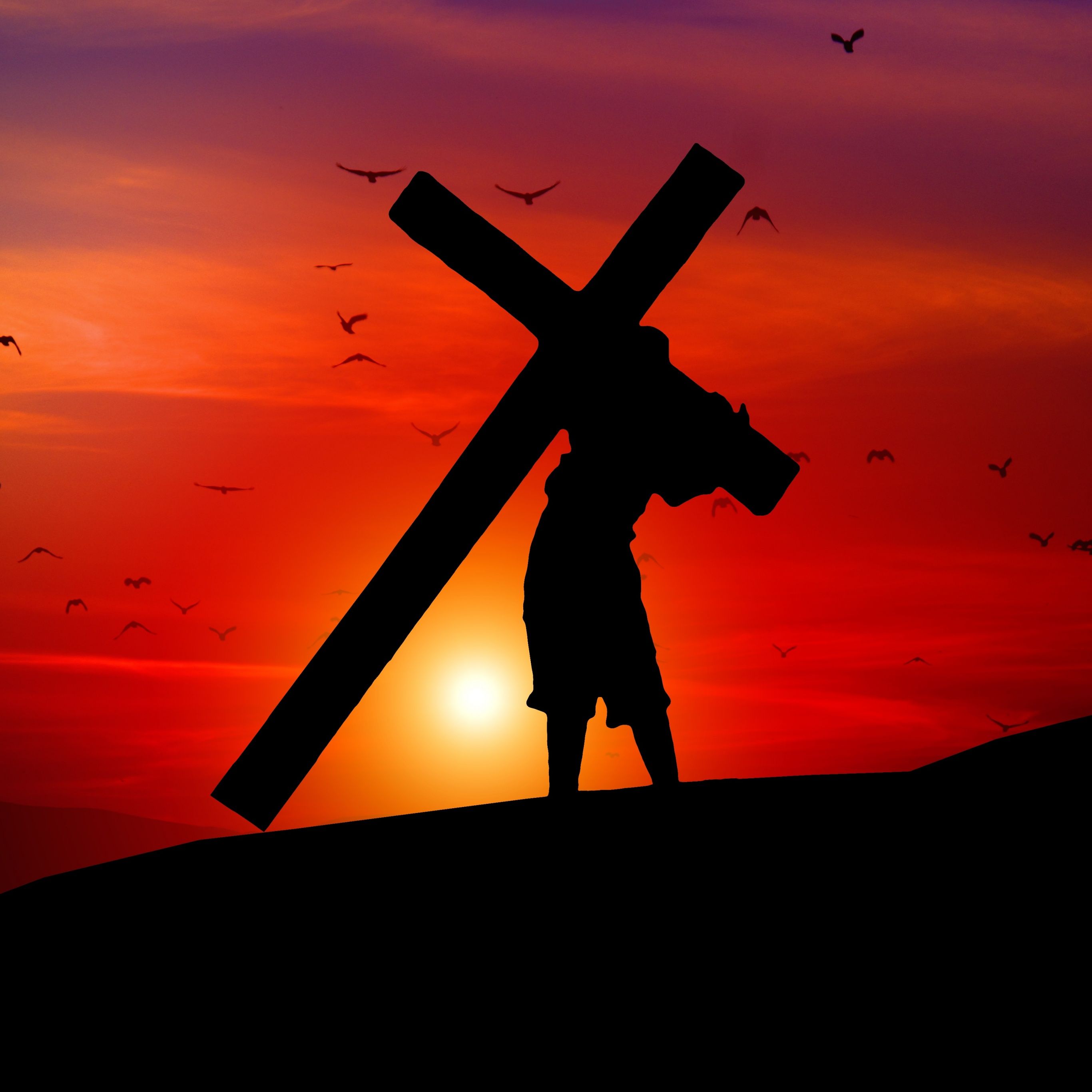 2732x2732 Jesus Cross Wallpaper 4K, Sunset