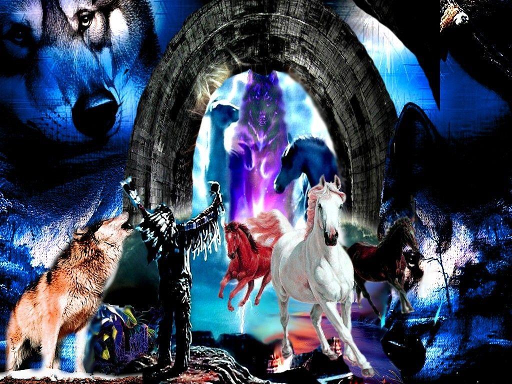 1024x768 Mountains: Wolf Indian Wolves Indians Nature Eagle Frame Mountains