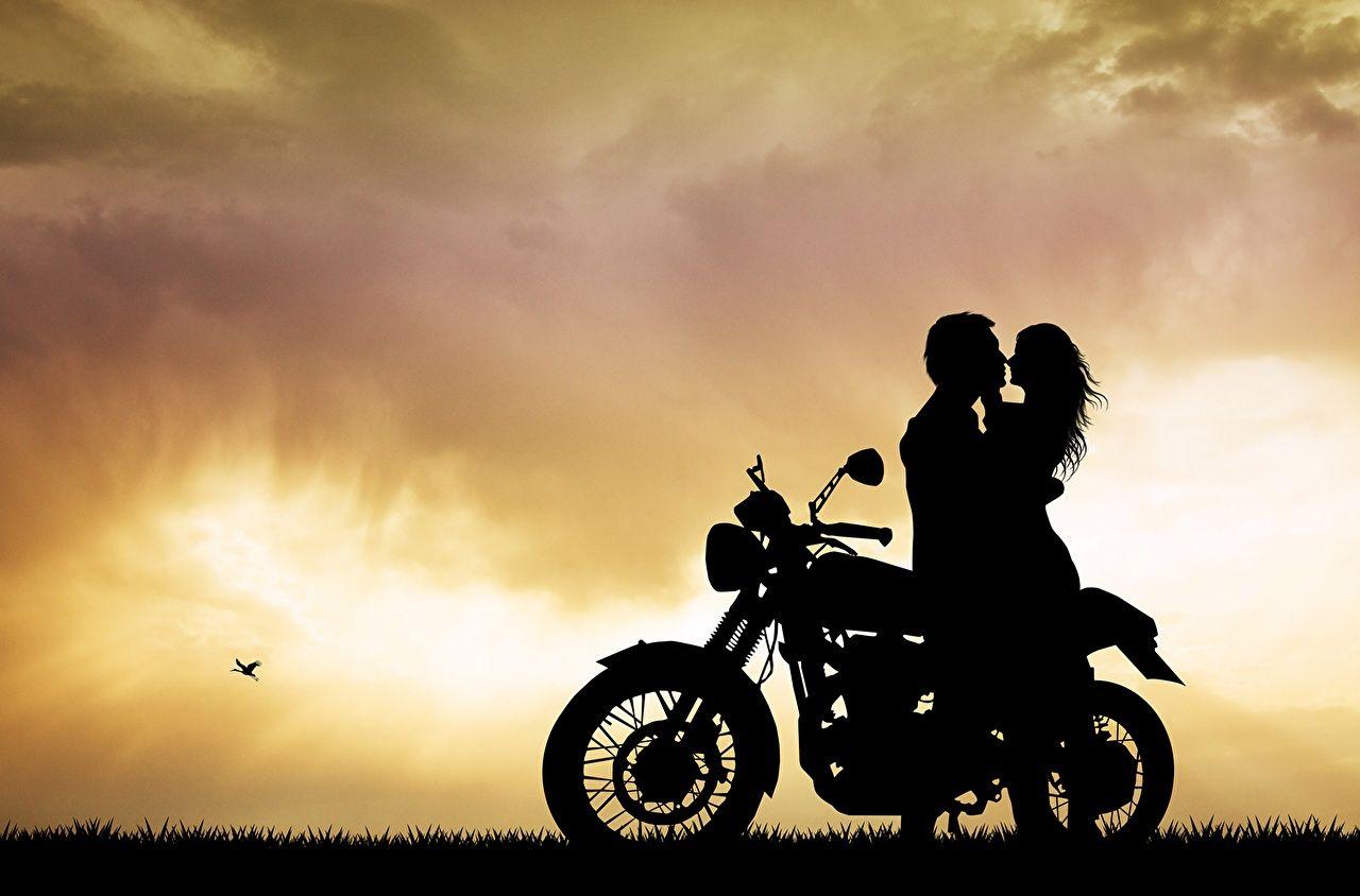 1280x844 image Men lovers Silhouette Love hugs young woman Motorcycles
