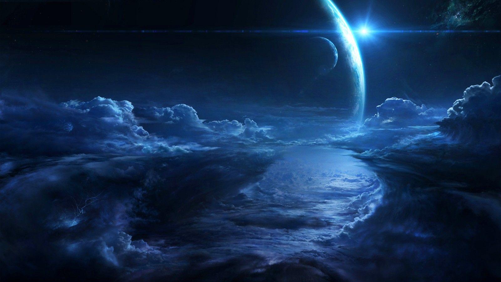 1600x900 Sky: Sky Night Cloudscape Clouds Moon Blue Lanterns Wallpaper HD 16