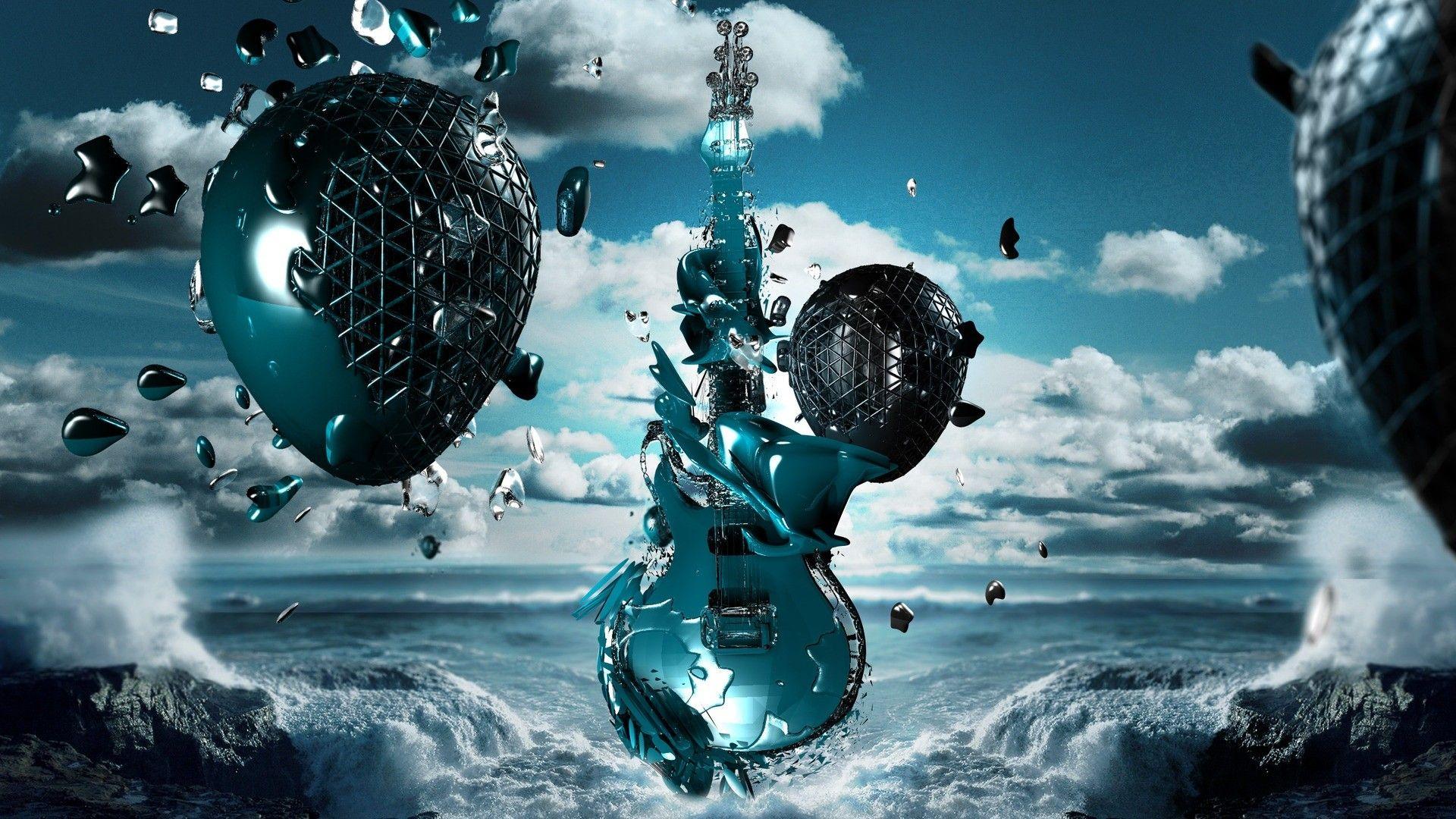 1920x1080 3D Abstract Clouds Guitars Art Wallpaper