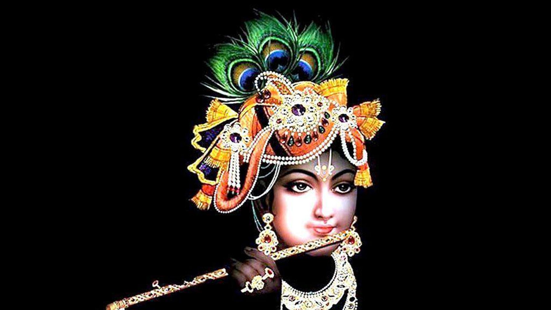 1920x1080 Krishna With Flute In Black Background