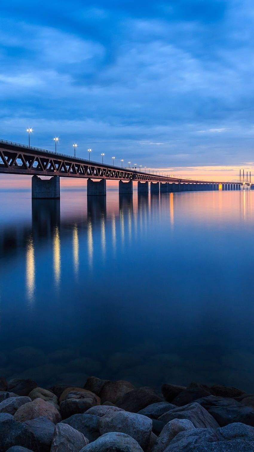 850x1512 Sweden, bridge, lights, beach, stones