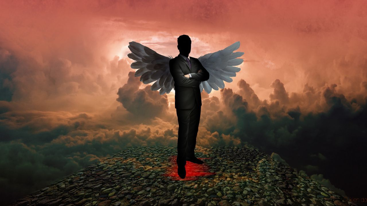 1280x720 Wallpaper silhouette, angel, devil