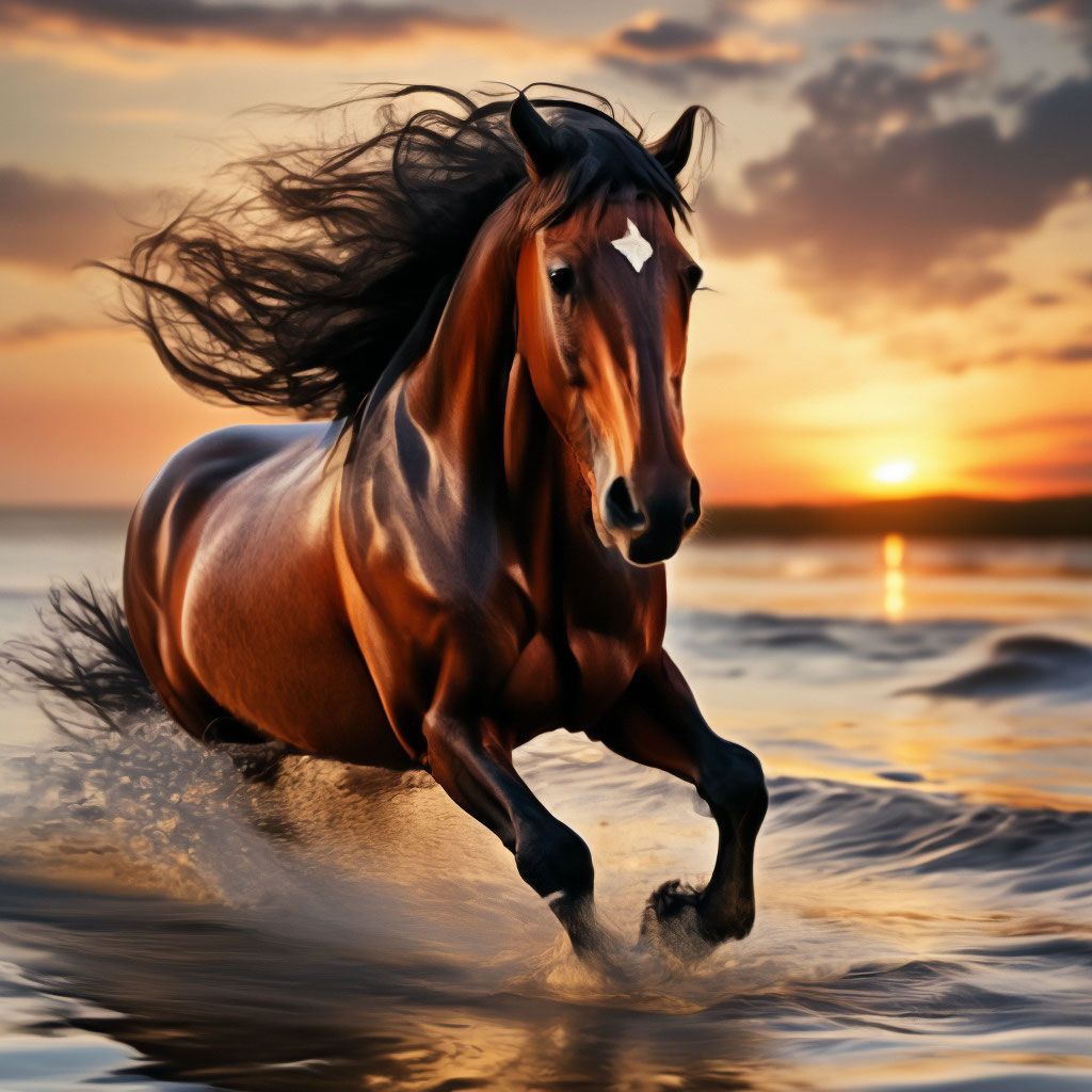 1024x1024 Bay horse, with a long mane, rushes