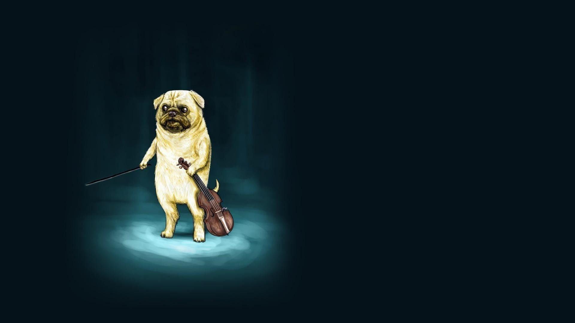 1920x1080 Fawn pug holding a violin illustration, pug, violin, Jake