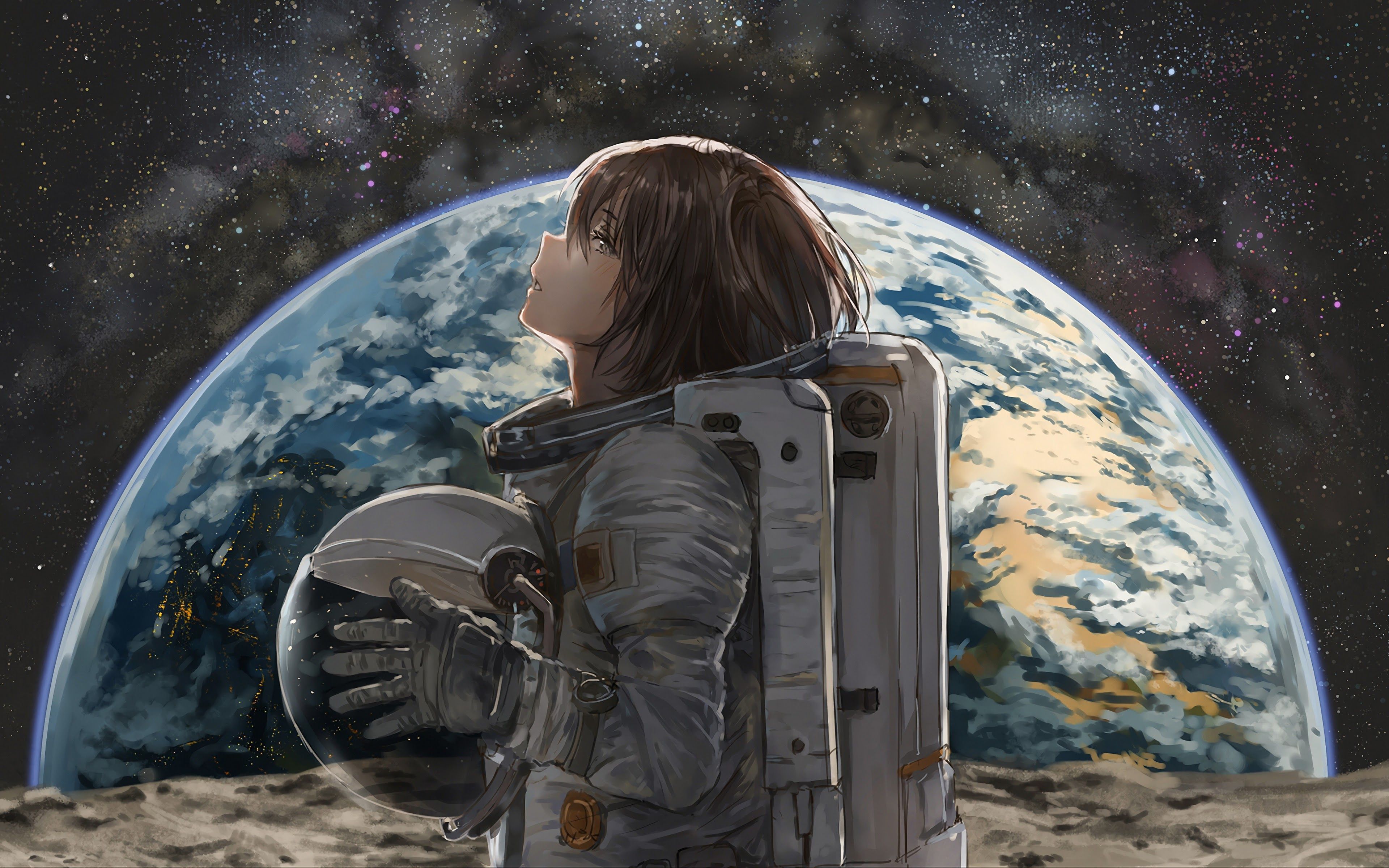 3840x2400 Space Astronaut Anime Girl Earth 4K