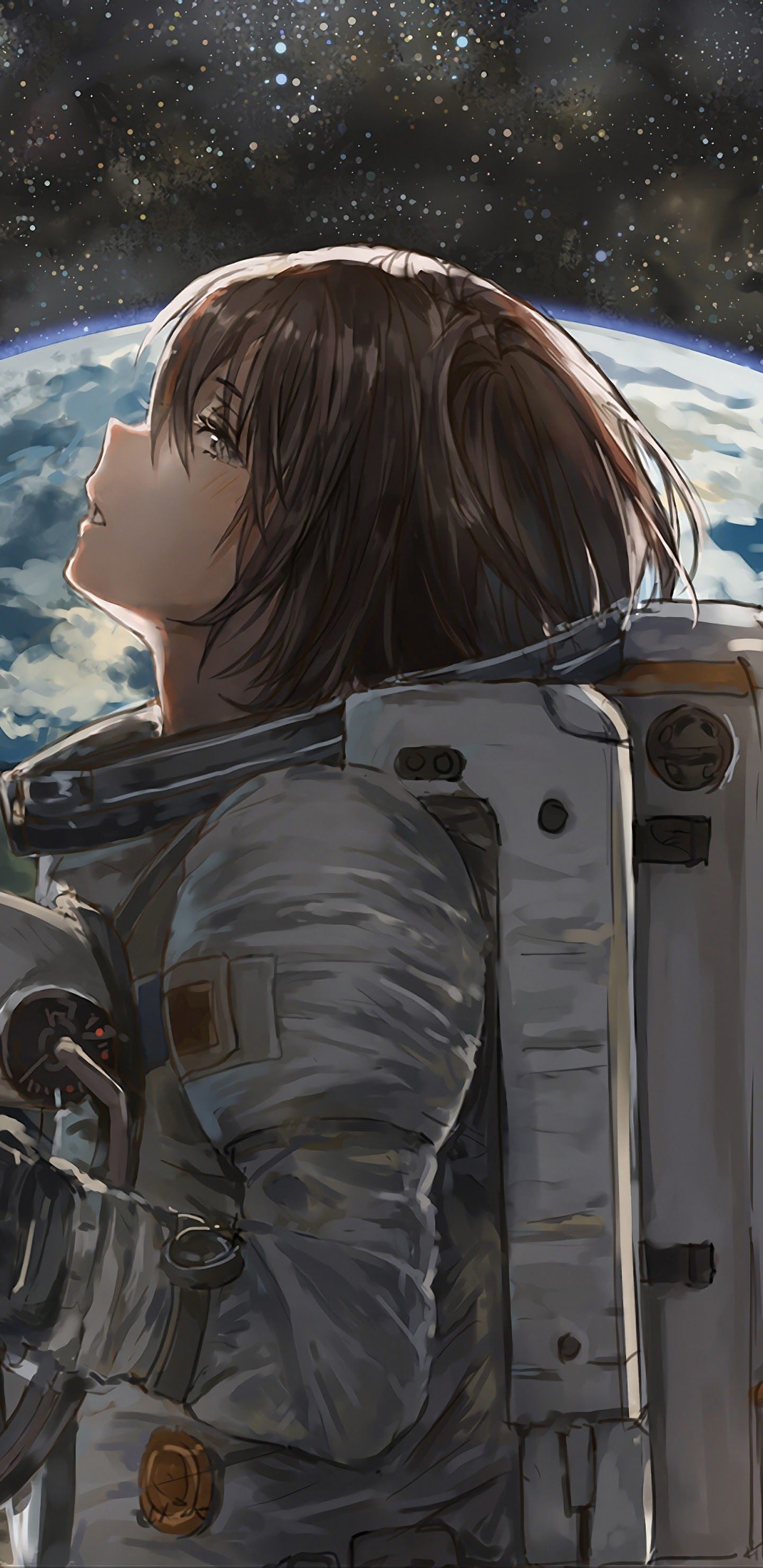 1440x2960 Space Astronaut Anime Girl Earth 4K