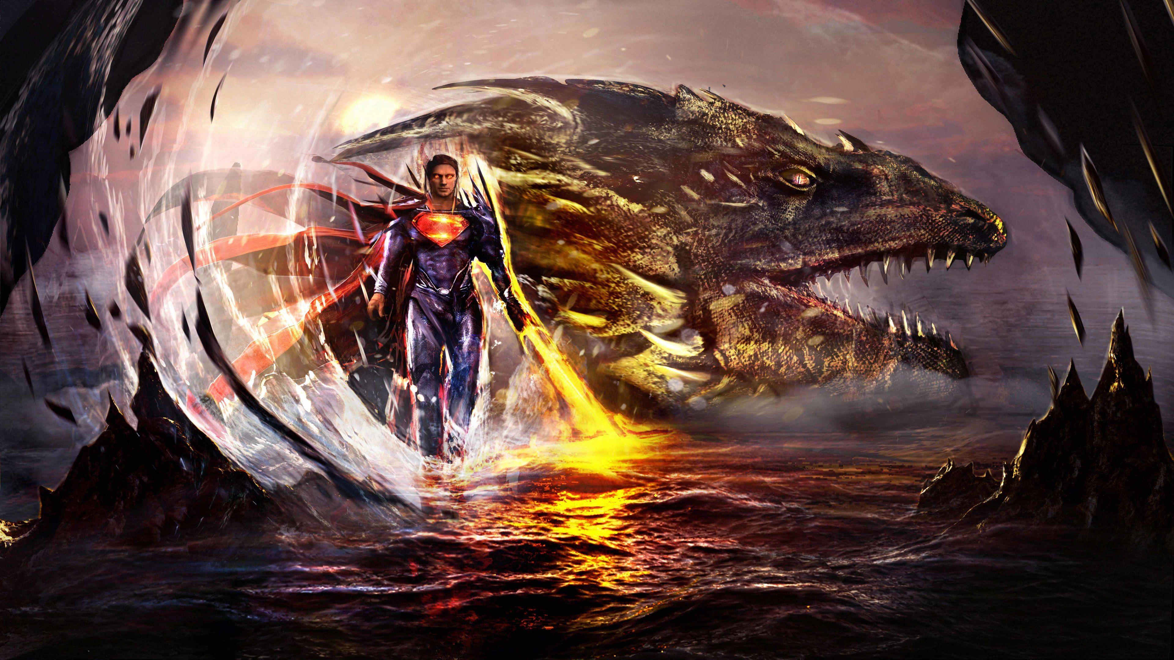3840x2160 Wallpaper 4k Superman Man Of Steel With Dragon Artwork 5k 4k