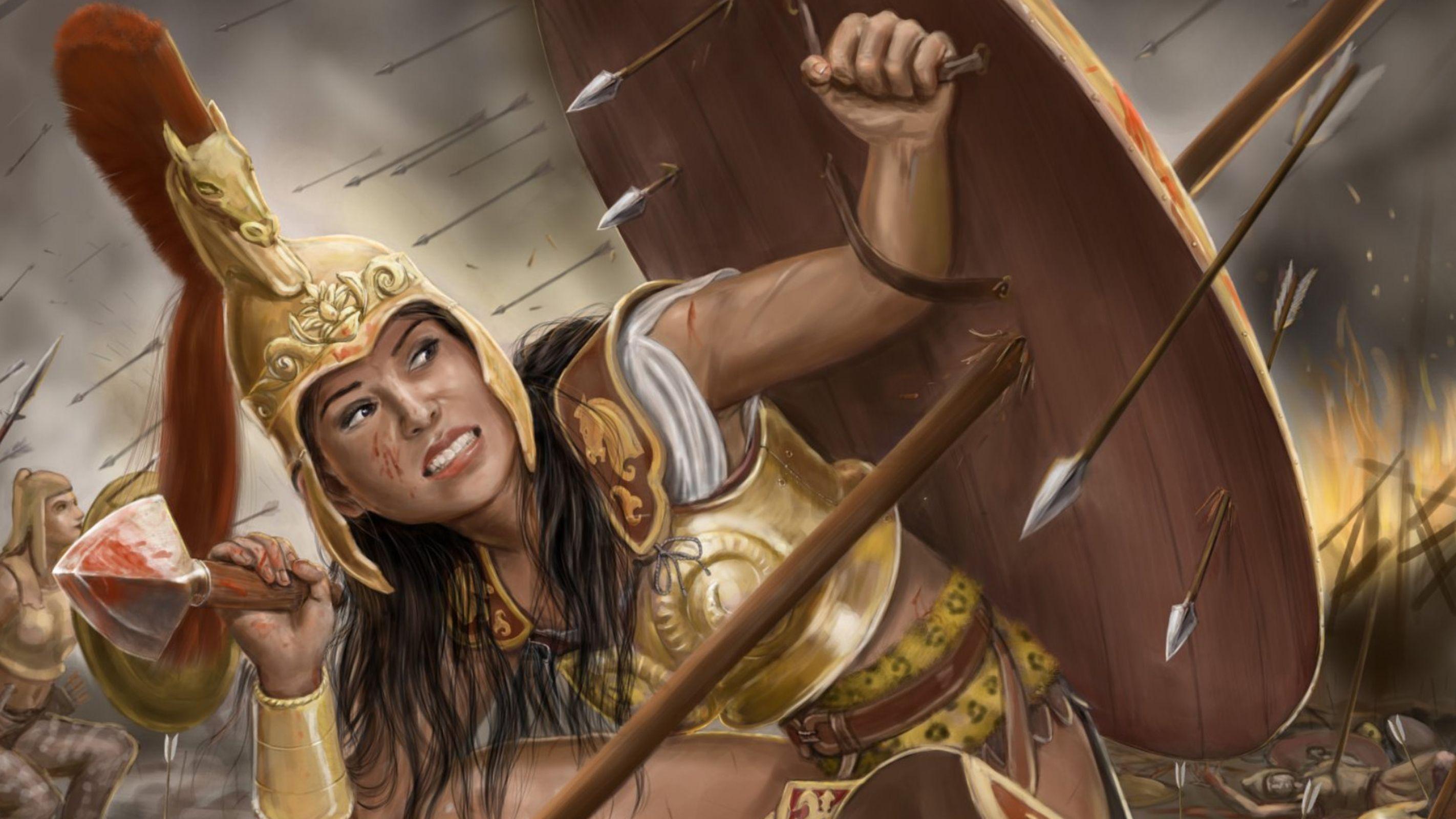 2844x1600 Spartan Warrior Girl Female Warrior With Helmet, Spear And Shield