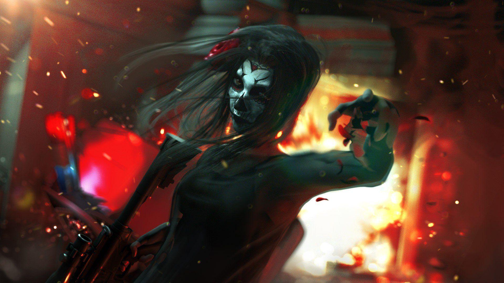1920x1080 Artwork Fantasy Sugar Skull Fire Wallpaper and Free