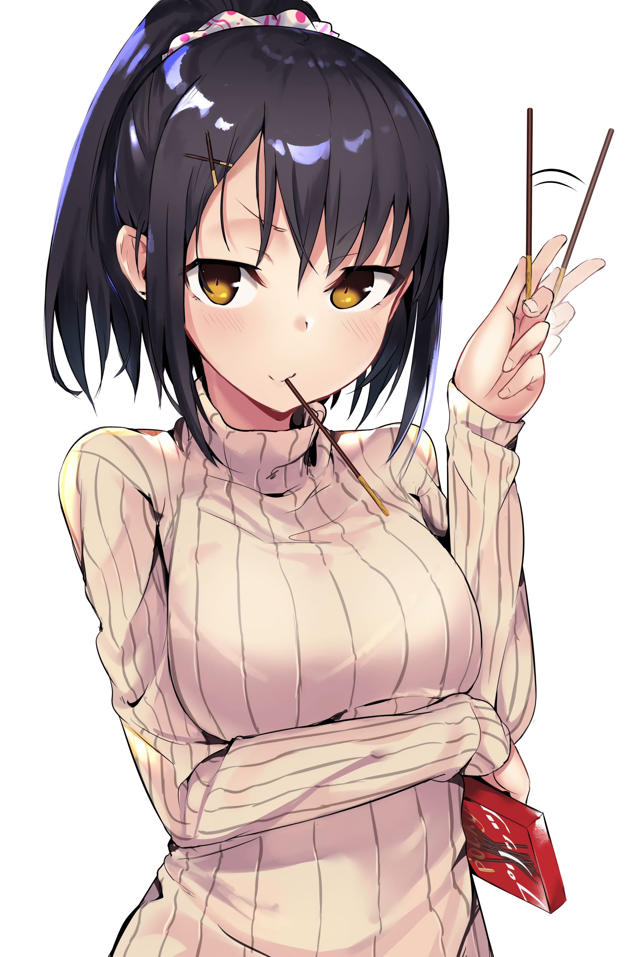 2090x3200 #anime, #black hair, #Pocky, #yellow eyes, #sweater