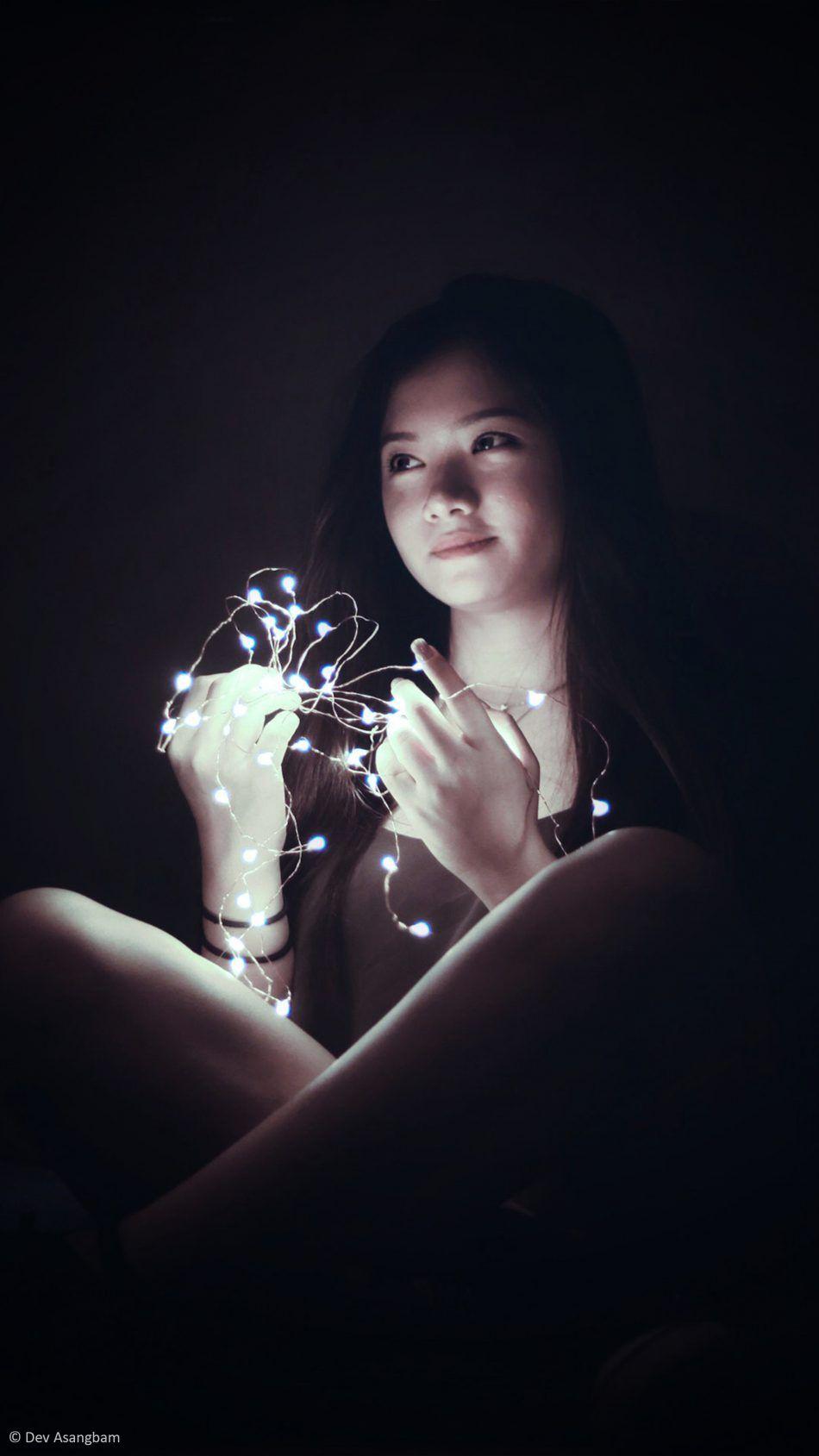 950x1689 Download Beautiful Asian Girl Lights Dark Background