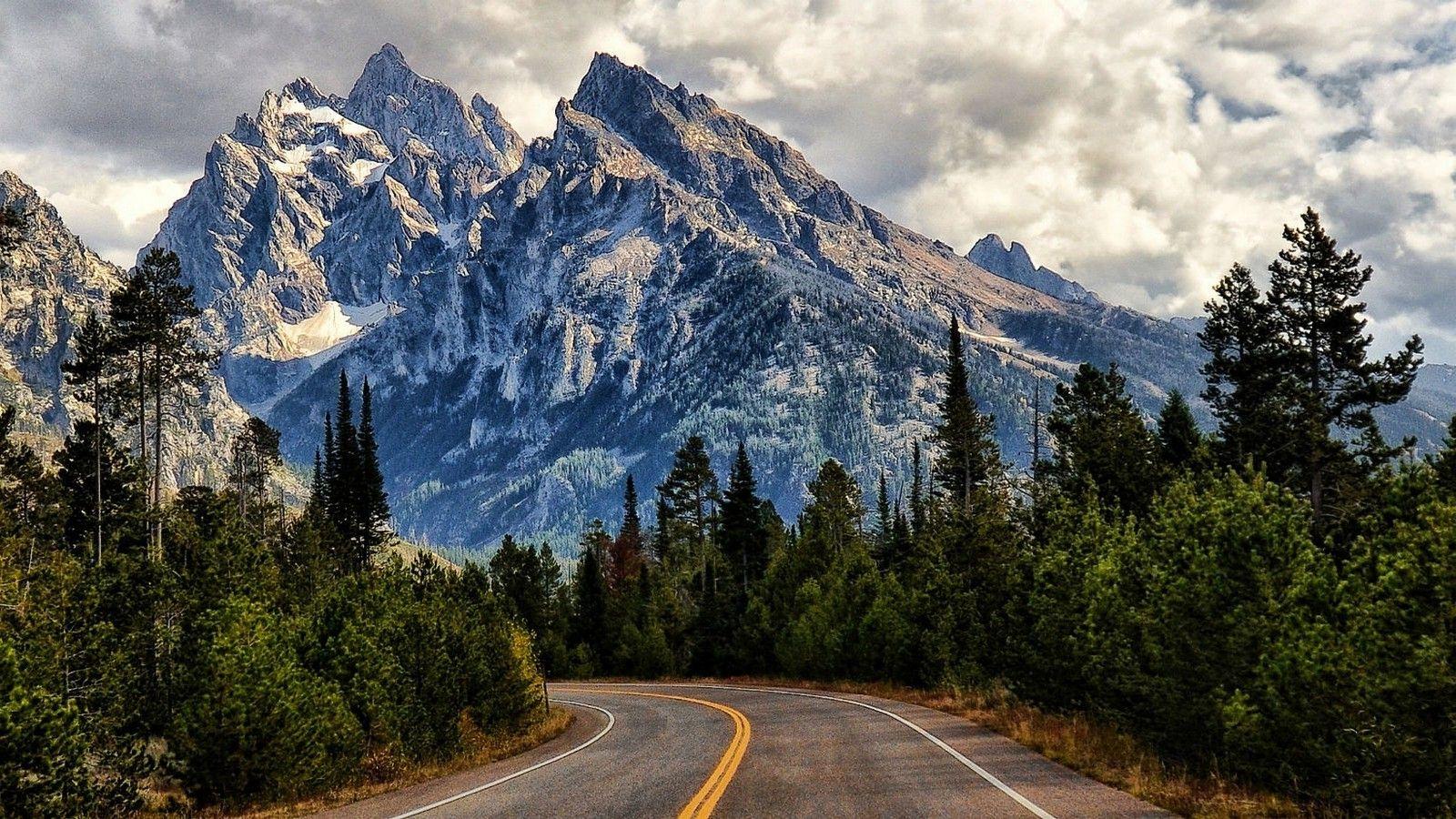 1600x900 nature landscape mountains road trees clouds shrubs