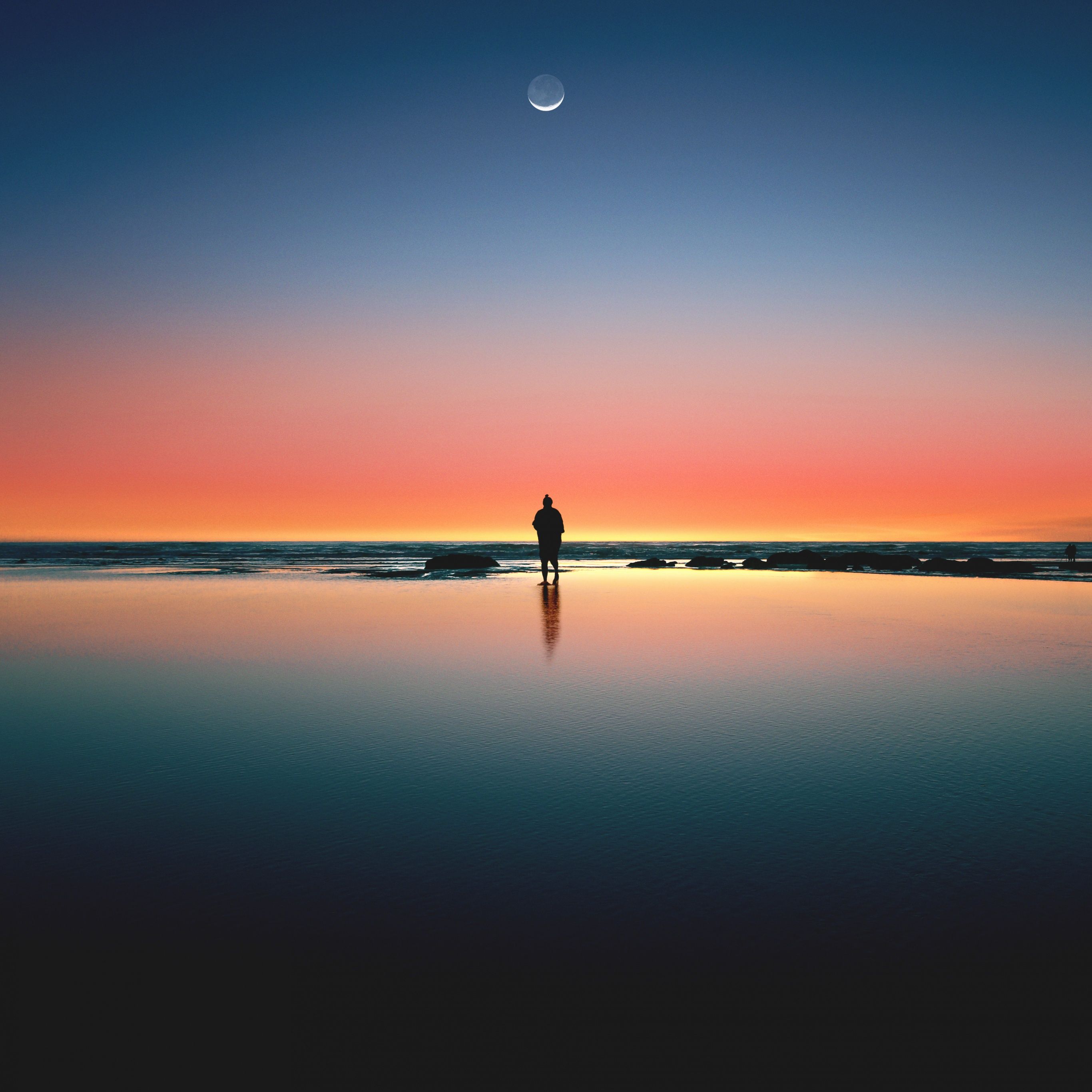 2732x2732 Horizon Wallpaper 4K, Beach, Man, Alone