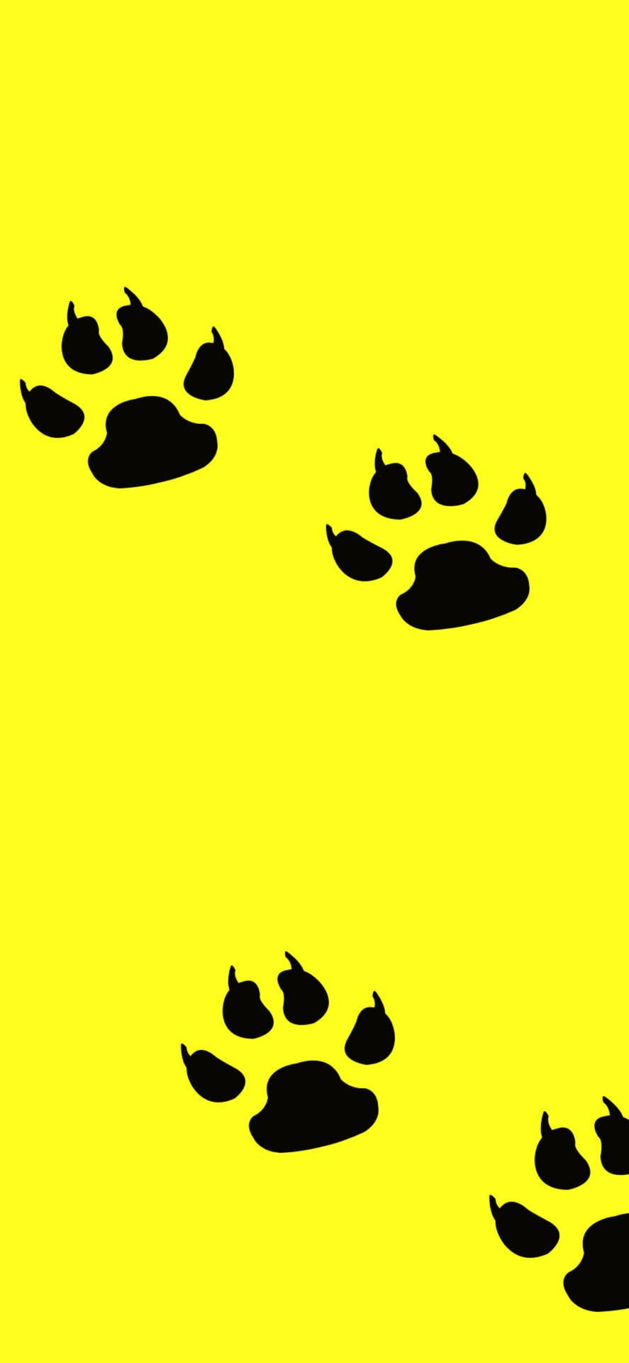 887x1920 Black Paw Prints On Yellow Wallpaper