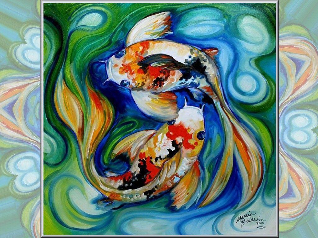 1024x768 Fish: Koi Yang Painting Marcia Artwork Water Baldwin Goldfish Fish
