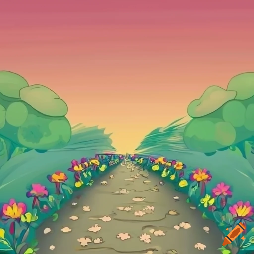 1024x1024 Cartoon flowers along a path in a clear