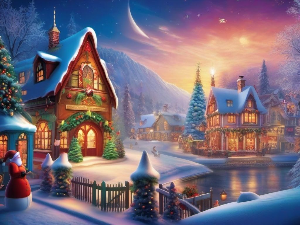 1024x768 Christmas Village Scenery Wallpaper