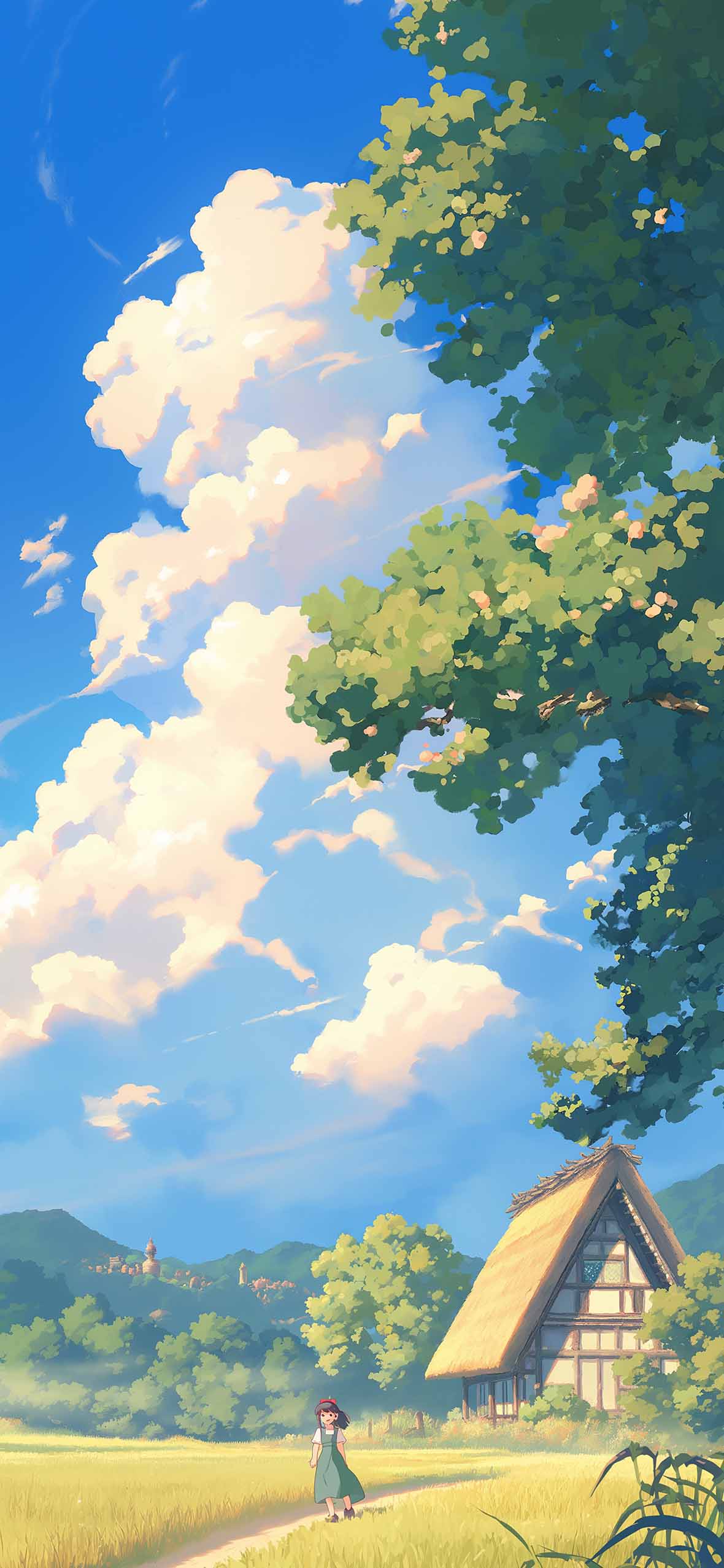 1180x2554 Scenic Village Anime Style Wallpaper