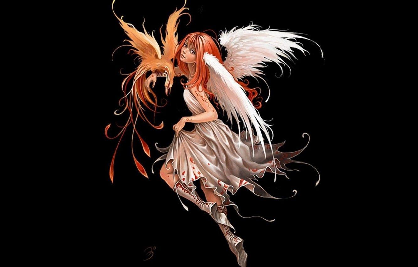 1332x850 Wallpaper elf, wings, fairy, red, black background, Phoenix, white dress image for desktop, section прочее