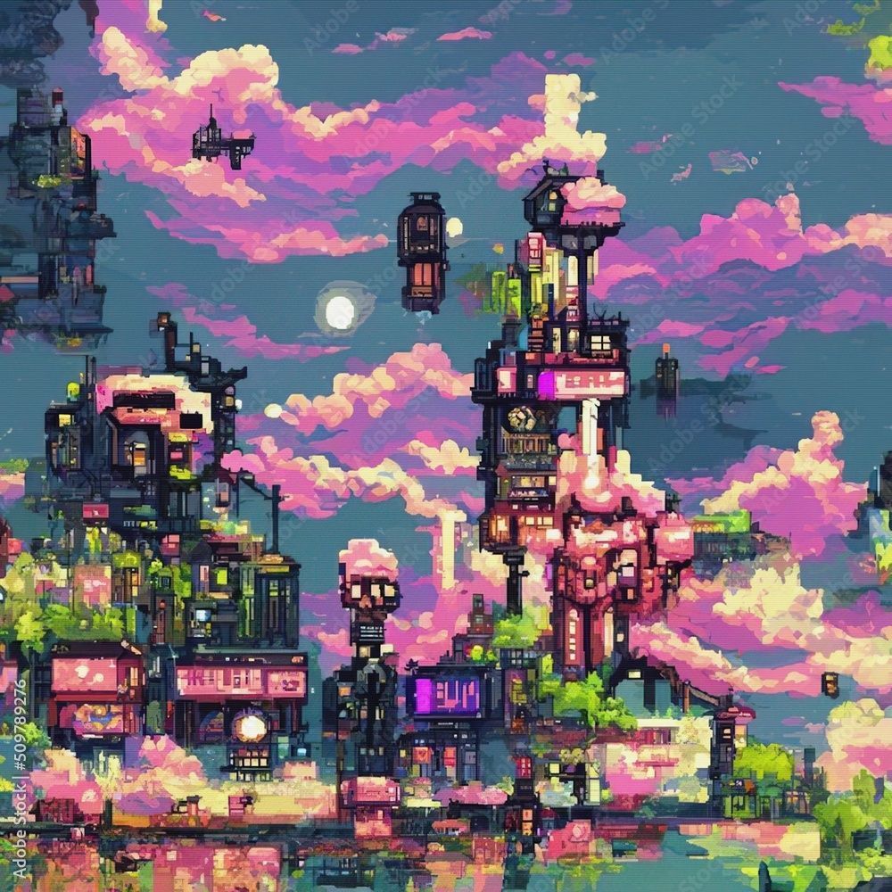 1000x1000 Retro futuristic city in clouds. Pixel