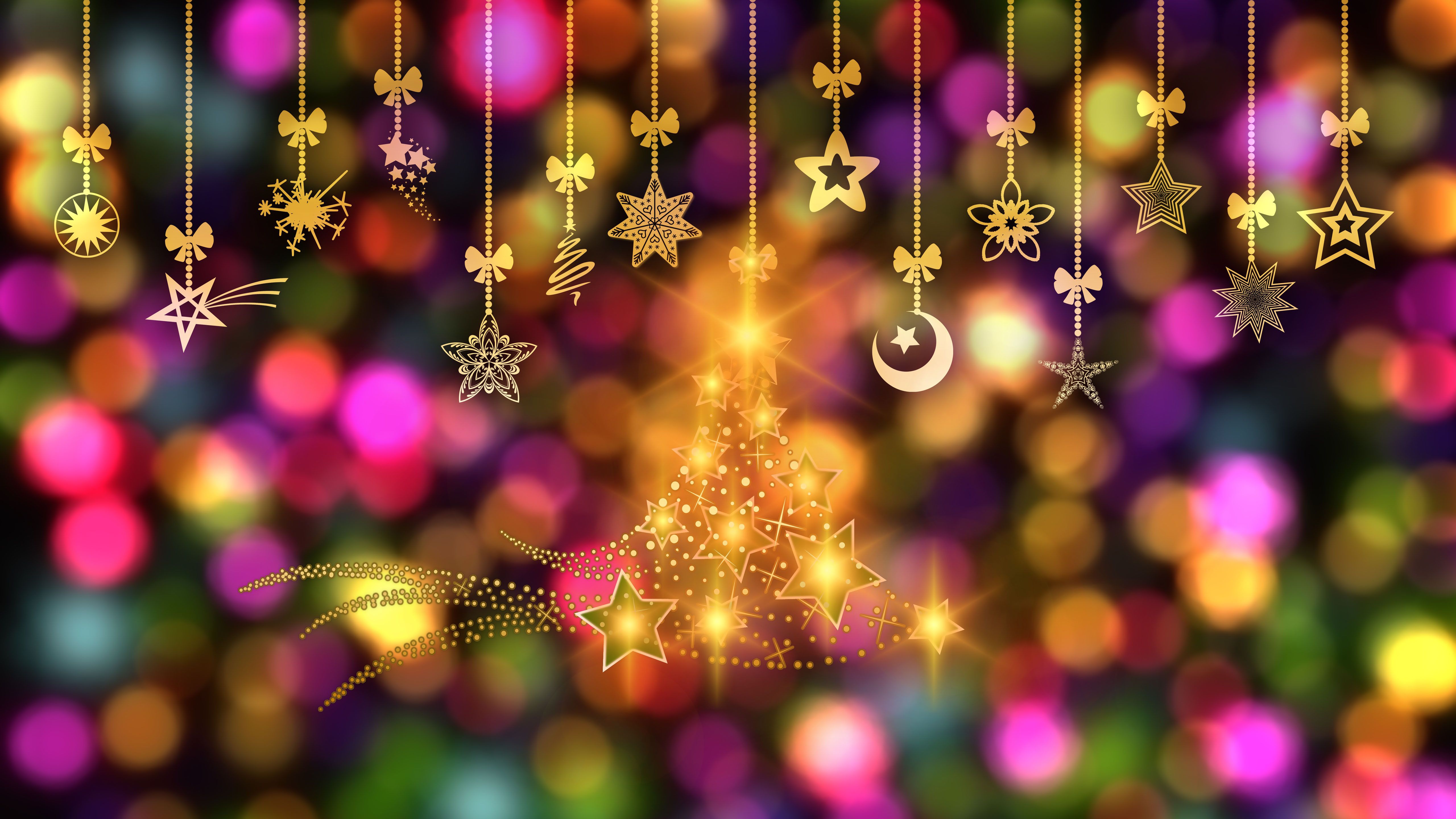 5120x2880 Hanging Golden Stars Glitter Christmas