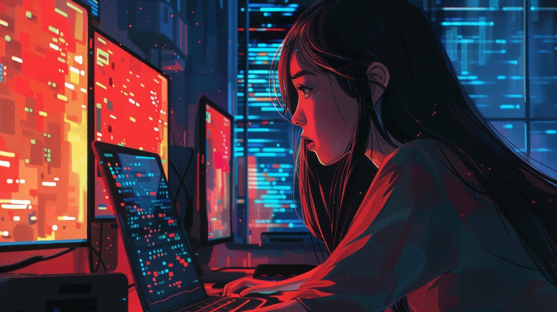 1920x1076 Cyber Woman at Computer Wallpaper