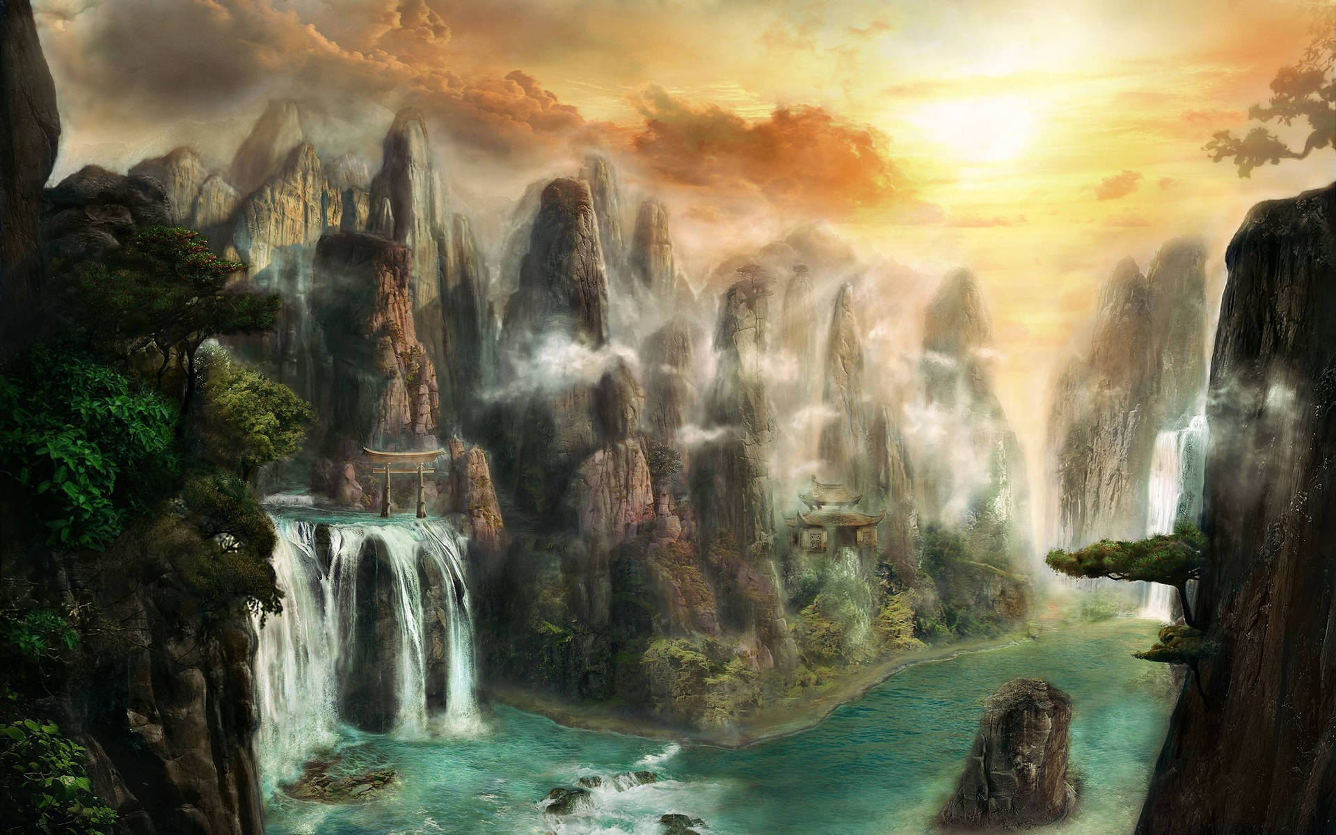 1920x1200 Fantasy World Waterfalls Wallpaper
