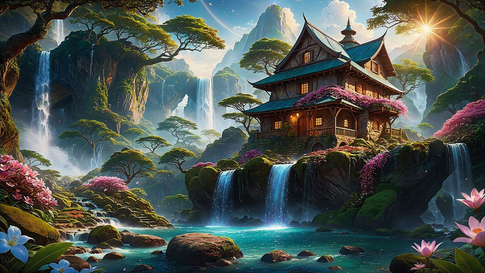 1920x1080 Fantasy Forest House Waterfall Scenery