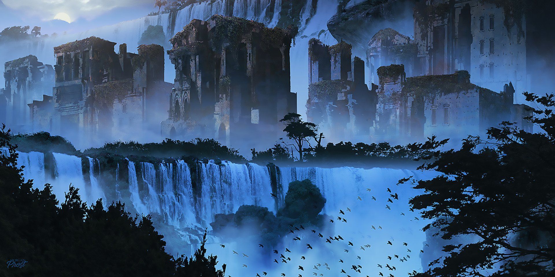 1920x960 Enchanted Ruins: Fantasy Waterfall HD