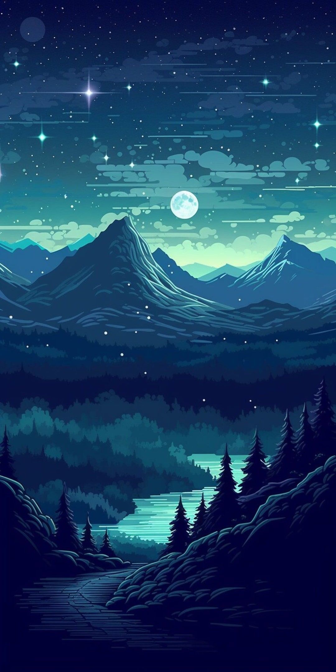 1080x2160 Pixel Art Mountain Phone Background: Japan Style (digital Download)