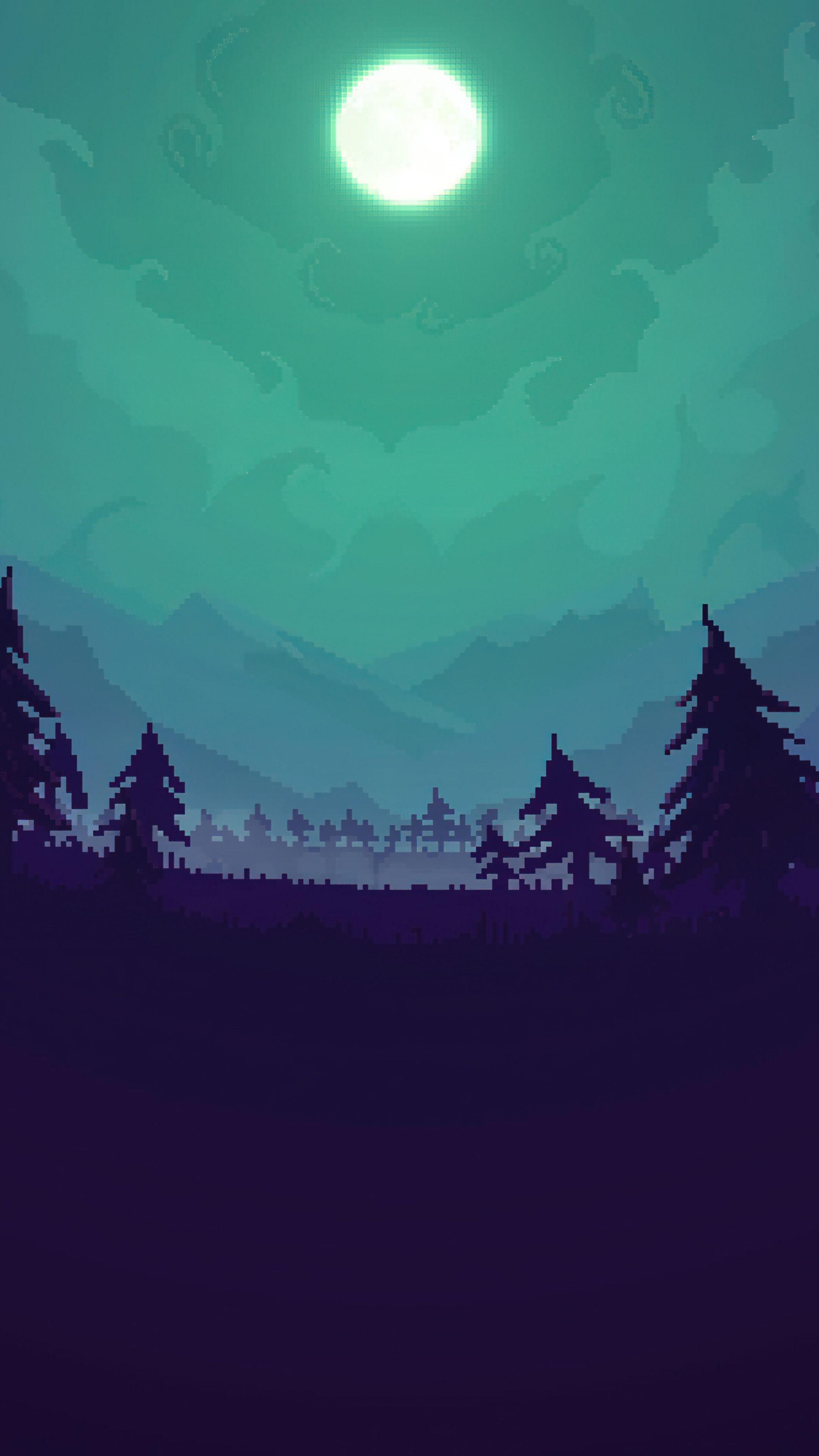 2160x3840 Forest Night Full Moon Pixel Art