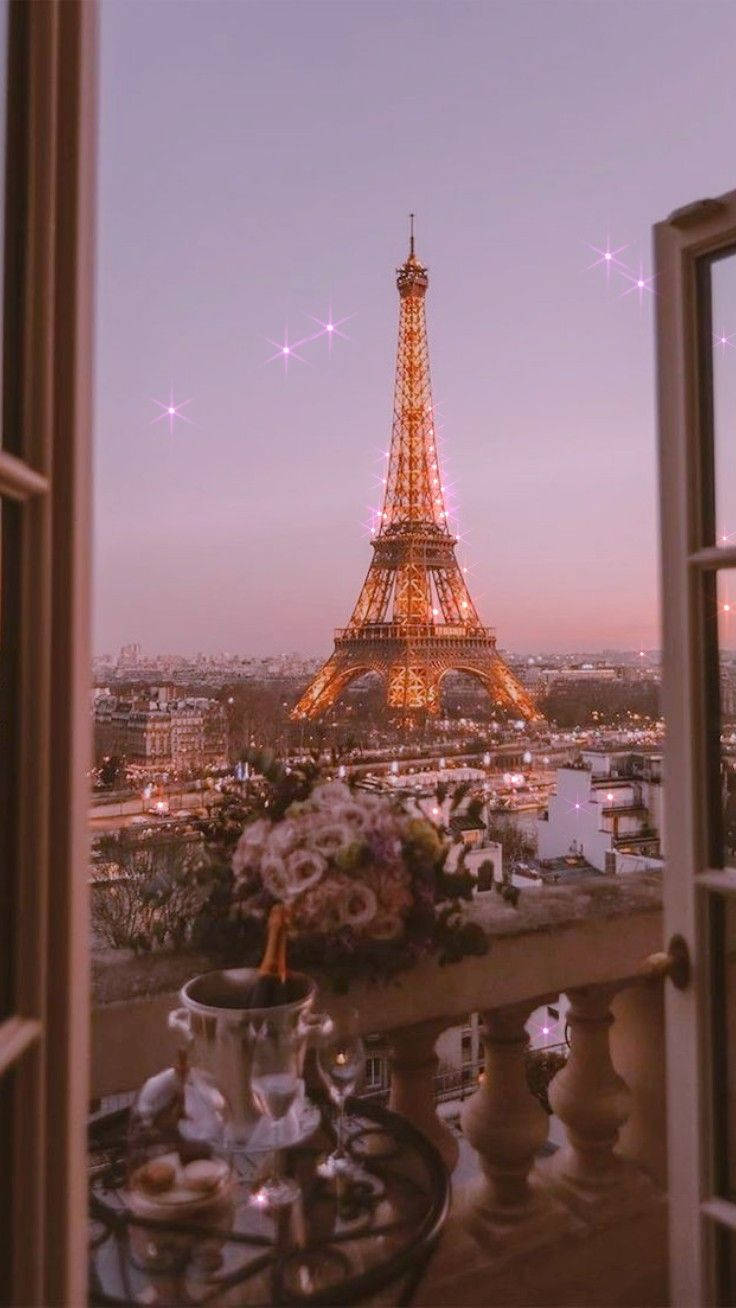 736x1308 Pink Paris Tower From Balcony Wallpaper