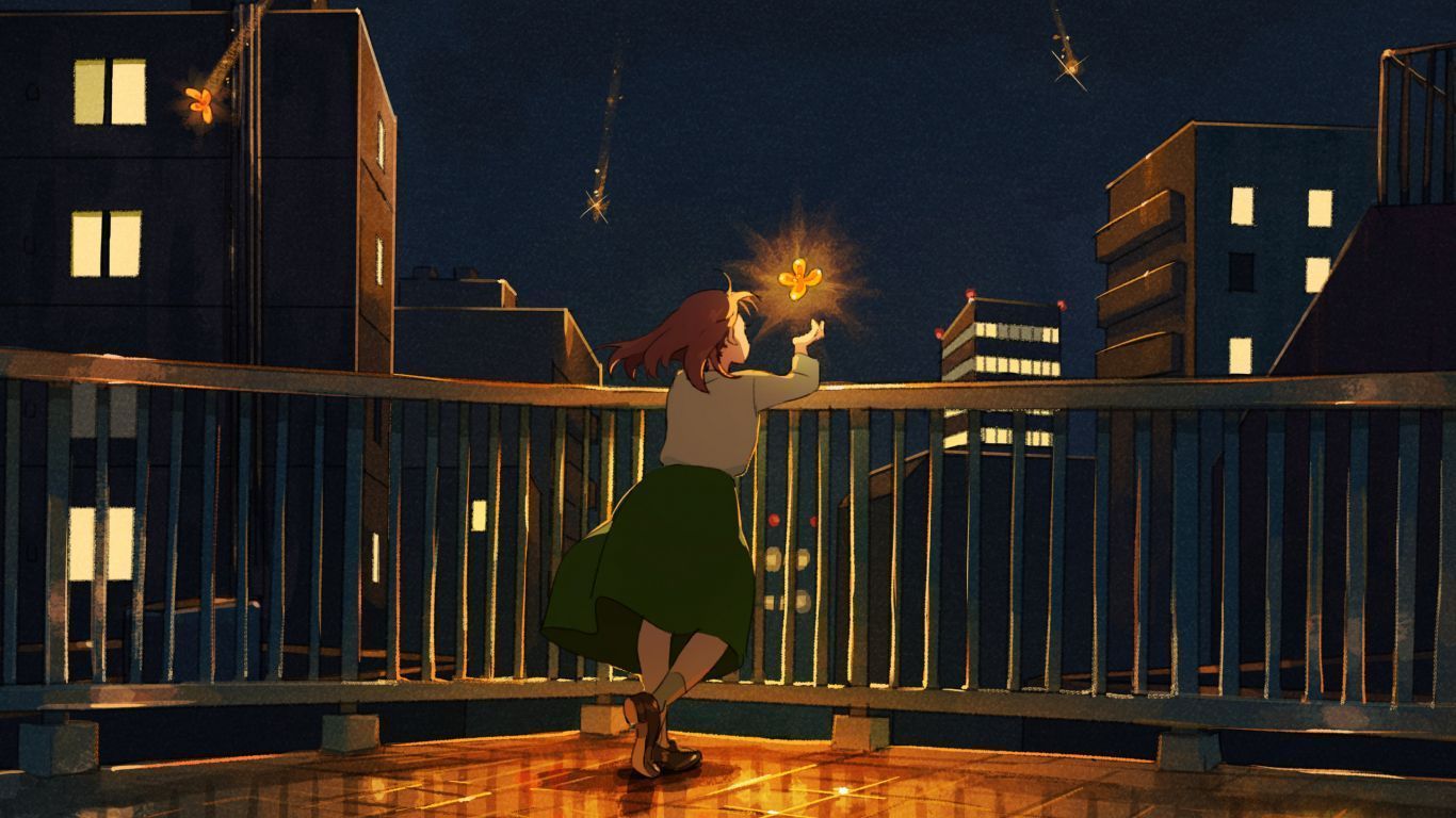 1366x768 Girl art balcony enjoying night art