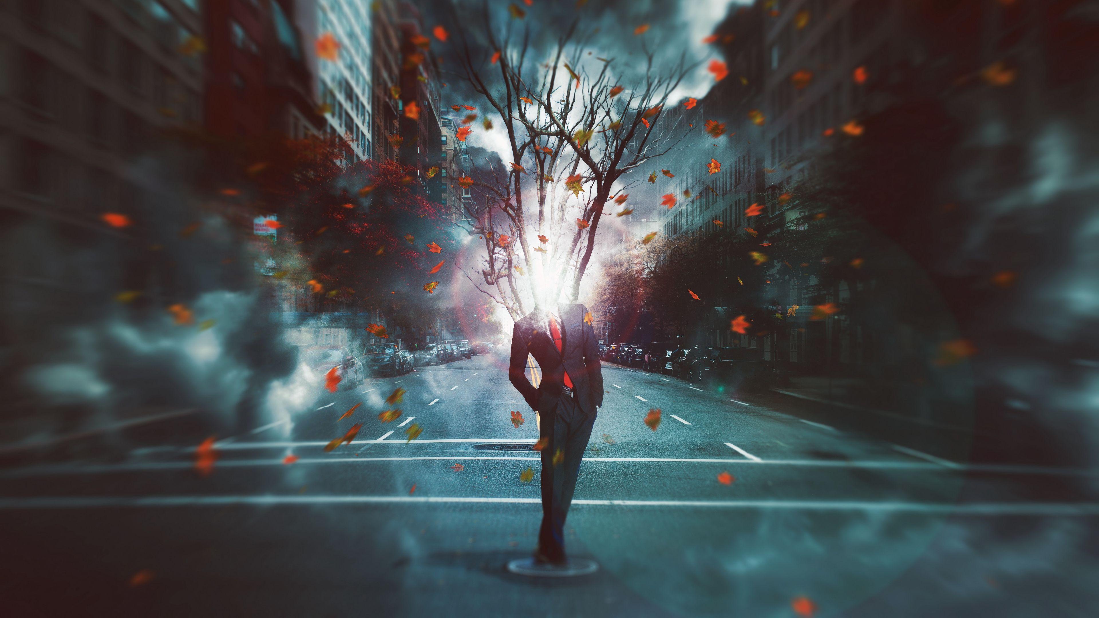 3840x2160 Download wallpaper 3840x2160 man, city, surrealism, tree