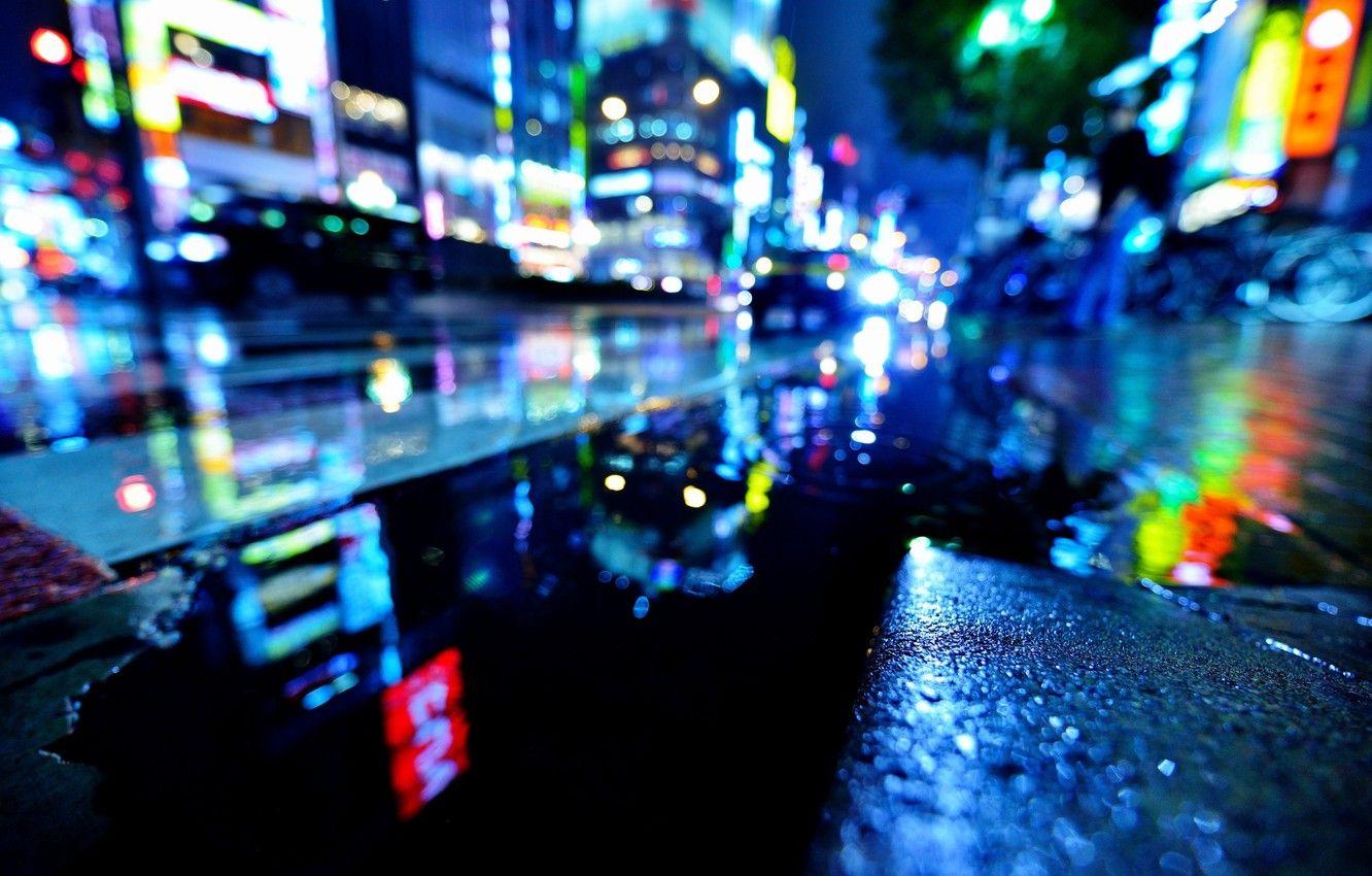 1332x850 Wallpaper wet, water, night, the city, lights, rain, street, Japan, Tokyo, puddles, bokeh, Shinjuku, Hidehiko Sakashita Photography image for desktop, section город