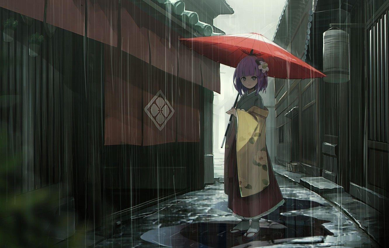 1332x850 Wallpaper rain, home, umbrella, girl, puddles, kimono