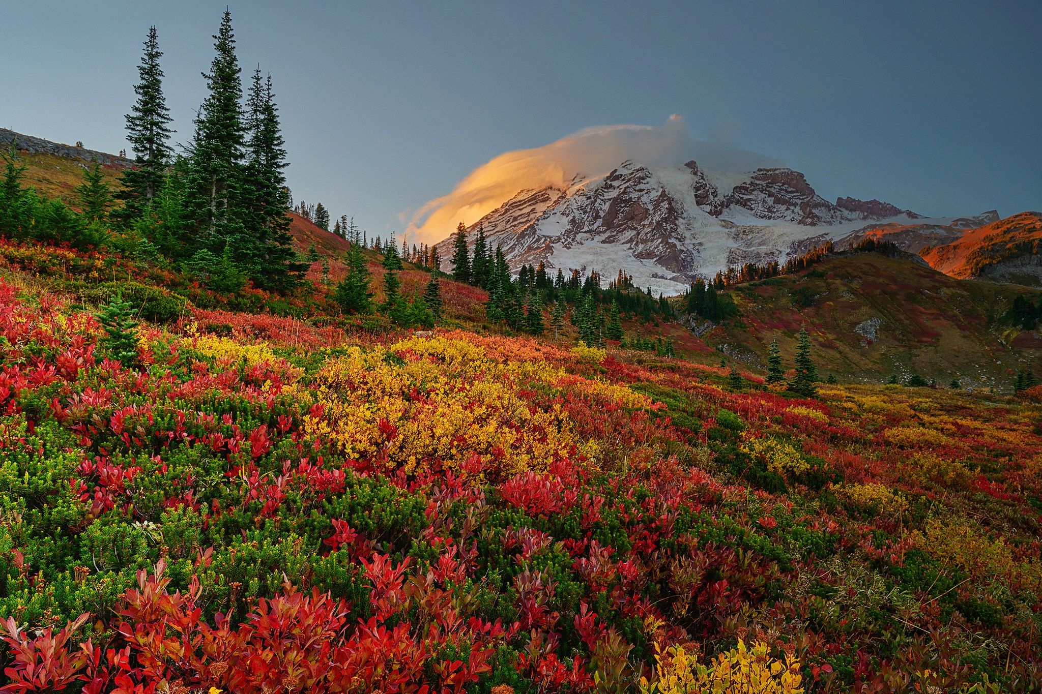 2048x1365 Wallpaper autumn, trees, mountain