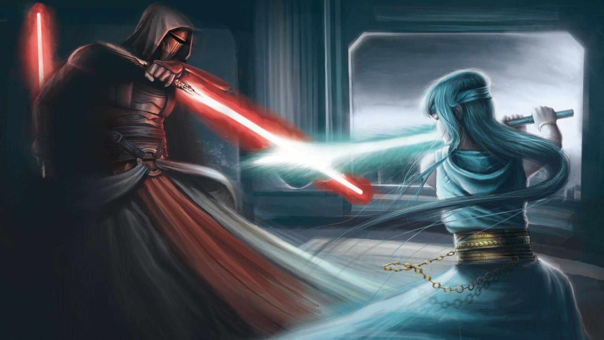 1920x1080 Star Wars canvas painting, Star Wars, lightsaber, fighting, Darth Revan HD wallpaper
