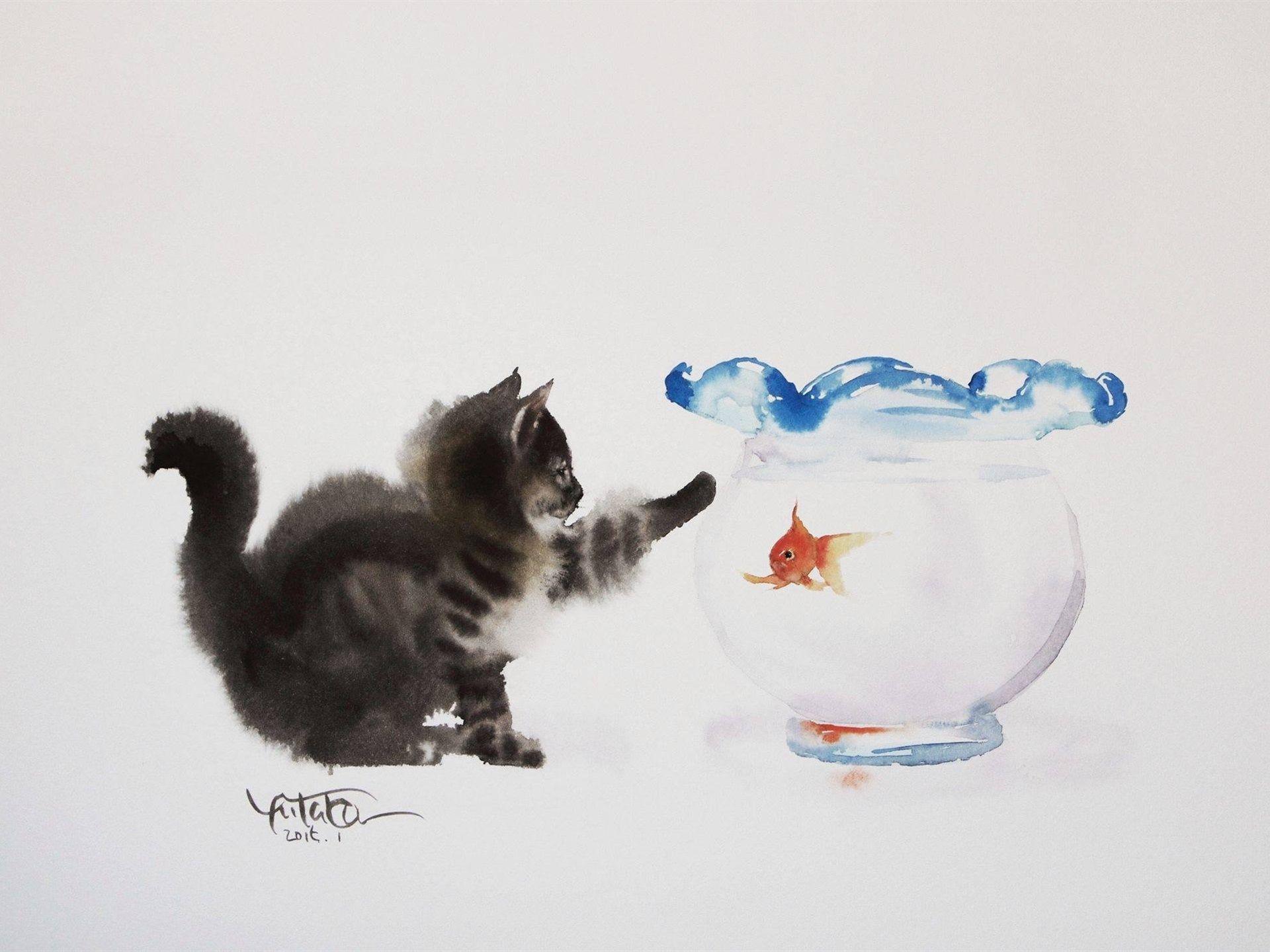 1920x1440 Cat And Goldfish, Watercolor Painting 750x1334 IPhone 8 7 6