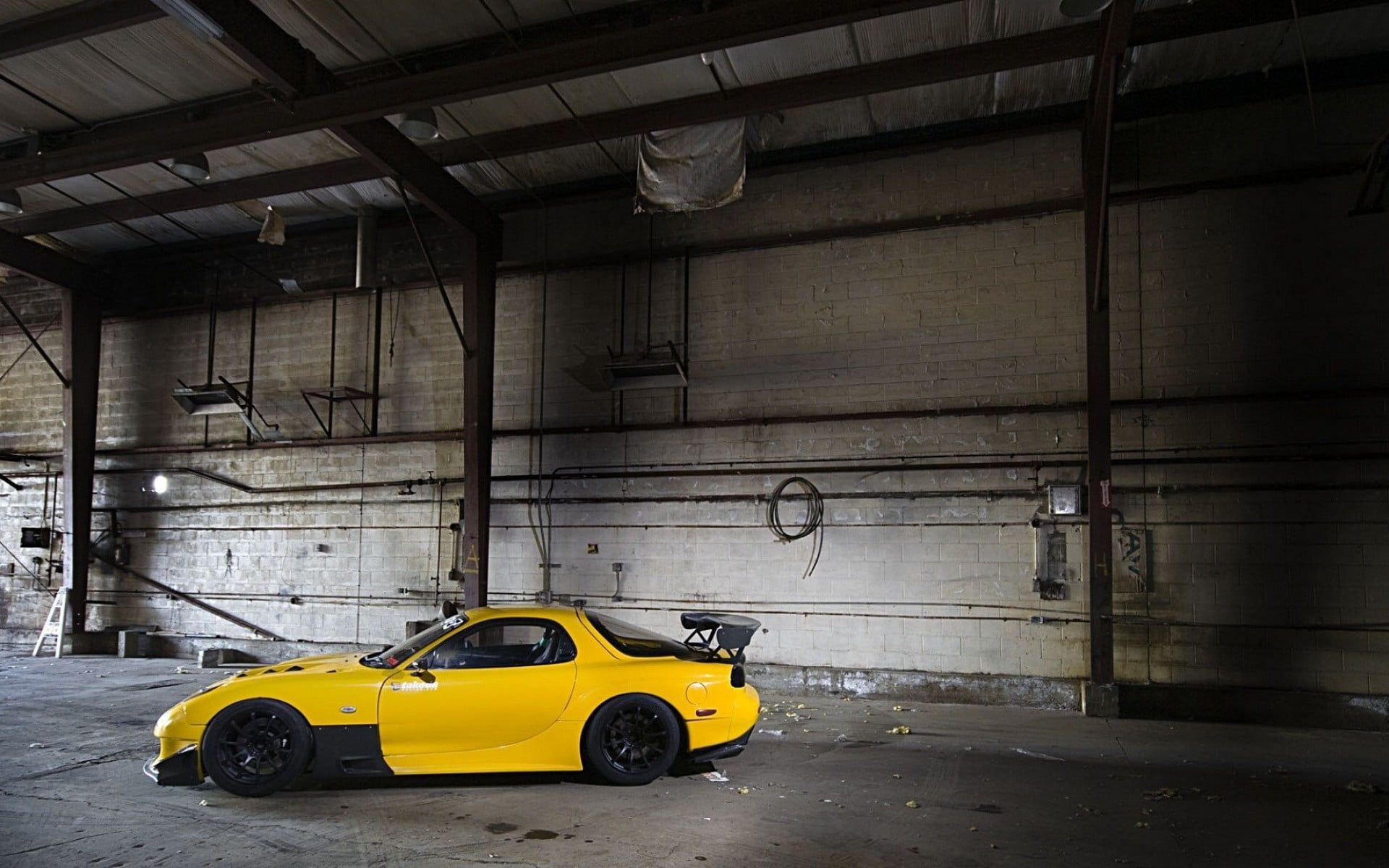 1920x1200 Yellow coupe inside building, JDM, Stance, Mazda, car HD