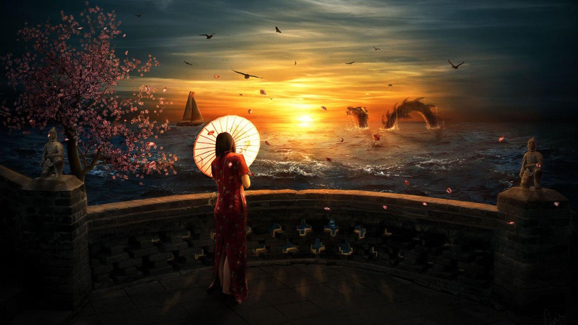 1920x1080 Birds Clouds Creatures Fantasy Art Japanese Kimono Landscapes Ocean