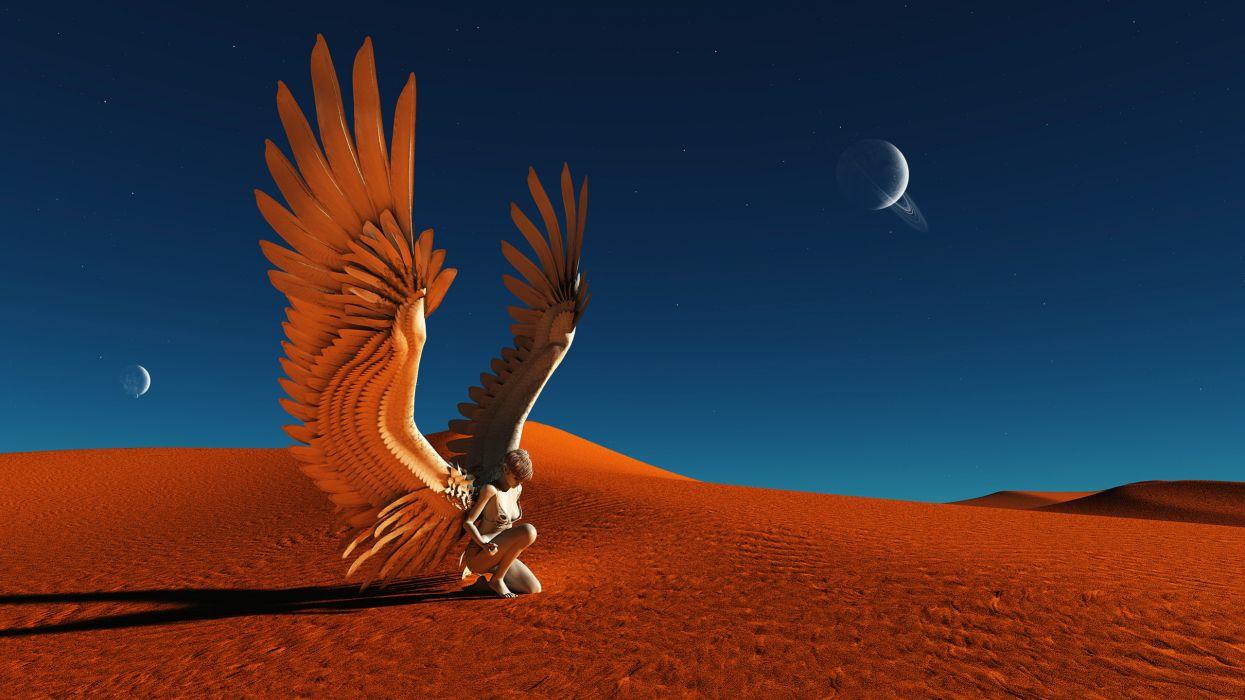 1245x700 Angel Wings Desert Planets fantasy women females girls landscapes
